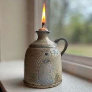 Stone Oil Lamp with Bunny Rabbit : Handmade Pottery